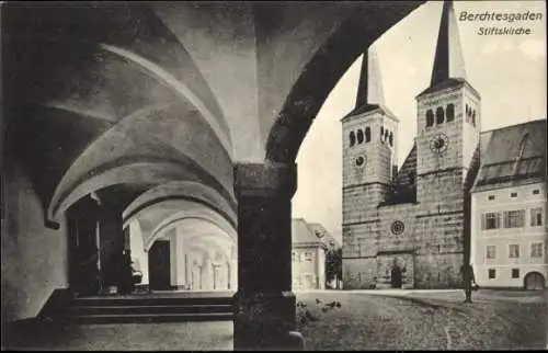 Ak Berchtesgaden Oberbayern, Gotzenalm, Stiftskirche,  Architektur, Türme, schwarz-weiß Fotografi