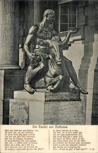 Ak Wiesbaden in Hessen, Dionysos-Statue, Eingang, Rathaus, humorvolle Gedichtzeilen
