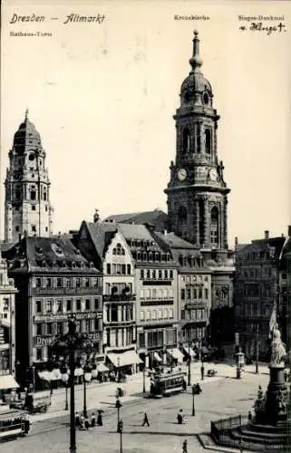 Ak Dresden Altstadt,  Altmarkt, Kreuzkirche, Sieges-Denkmal, Rathaus-Turm