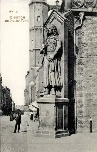 Ak Halle an der Saale, Rolandfigur, Roter Turm,  Statue, Stadtansicht