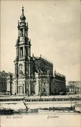 Ak Dresden Altstadt, Kath. Hofkirche, Hochhaus, Flussboote, Zeichnung