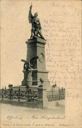 Ak Offenburg in Baden Schwarzwald, Kriegerdenkmal, Statue, Eisenbahn, Zaun,  Karte