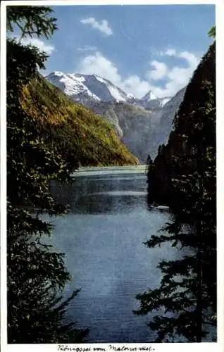 Ak Königsee Königssee Oberbayern, Berglandschaft, See, Bäume, Himmel, Schnee