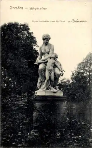 Ak Dresden Altstadt Seevorstadt, Bürgerwiese, Skulptur von Psyche mit Amor