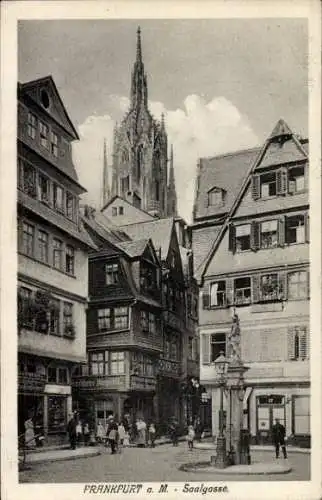 Ak Frankfurt am Main, Saalgasse, Fachwerkhäuser, höchster Teil des Doms
