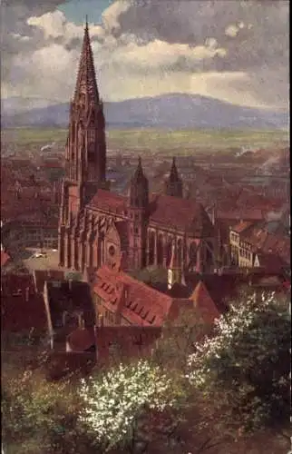 Ak Altstadt Freiburg im Breisgau, Stadtansicht, Münster, Schlossberg, Kirchenturm,  