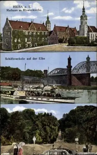 Ak Riesa an der Elbe Sachsen, Vorderansicht Rathaus, Klosterkirche, Schiffsverkehr auf der Elbe