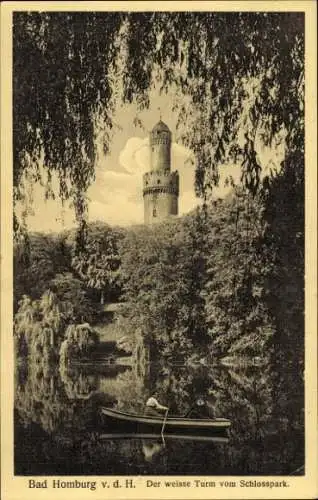Ak Bad Homburg vor der Höhe Hessen,  weisser Turm, Schlosspark, Boot auf dem Wasser