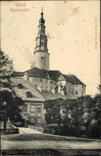 Ak Weesenstein Müglitztal in Sachsen, Schloss   Architektur, Turm, Baumviertel, Brücke