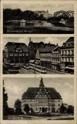 Ak Minden in Westfalen, Weserbrücke, Wesertor, Marktplatz, Regierungsgebäude