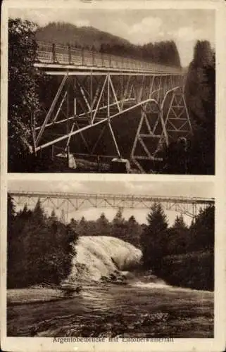 Ak Grünenbach in Schwaben, Argentobelbrücke, Eistobel Wasserfall