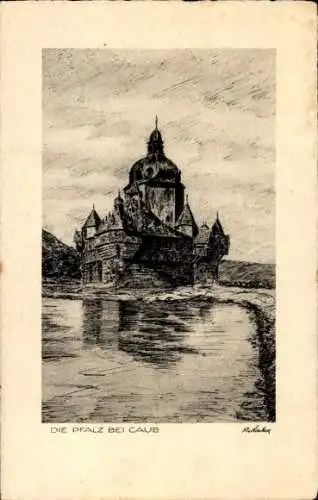 Ak Caub Kaub am Rhein, DIE PFALZ BEI CAUB, Bauwerk, Wasser, dramatischer Himmel