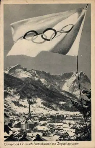 Ak Garmisch Partenkirchen in Oberbayern, Ort mit Zugspitze, Olympia Fahne