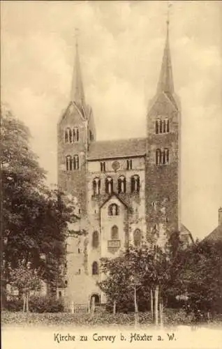 Ak Höxter an der Weser, Kloster Corvey, Kirche, zwei Türme,  Architektur, Bäume im Vordergrund