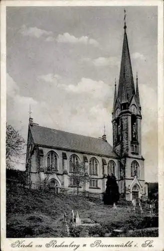 Ak Rechenberg Bienenmühle Erzgebirge, Fachwerk-Kirche, hoher Turm, Friedhof, Baum