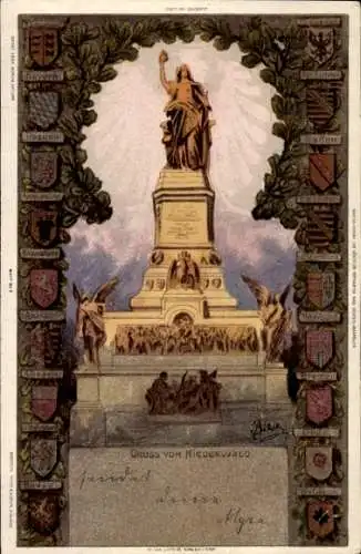 Ak Niederwald Kirchhain in Hessen, Darstellung der Niederwalddenkmalstatue, geschmückt mit Wappen