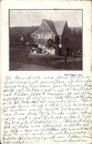 Ak Bärenfels Altenberg im Erzgebirge, Bild eines Hauses, Text von Willy Fisher, Grusskarte