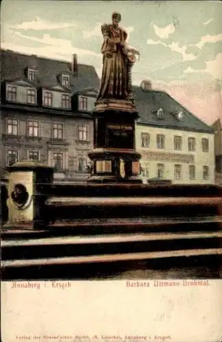 Ak Annaberg Buchholz im Erzgebirge, Barbara Uttmann-Denkmal, Statue,  Architektur