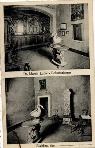 Ak Lutherstadt Eisleben, Martin Luther Geburtszimmer, Statue eines Schwans,  Einrichtung