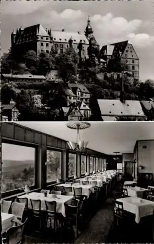 Ak Marburg an der Lahn, Schloss-Gaststätten, Bückingsgarten, Innenansicht, Essenstische