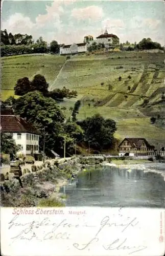 Ak Gernsbach im Schwarzwald, Schloss Eberstein, Farbenfrohes Schloss, Fluss, высоты, Weinberge