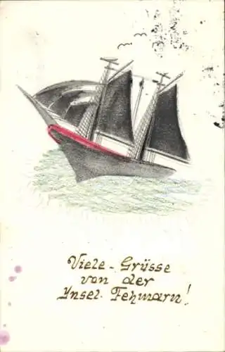 Ak Insel Fehmarn Ostholstein, Schiff, Wasser, Grüßkarte, Künstlerische Darstellung, Handgeschrieb