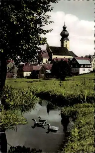 Ak Eslarn, Blick ins Loisbachtal mit Kirchturm, Entenfamilie