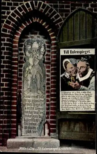 Ak Mölln im Herzogtum Lauenburg, Till Eulenspiegel Grabstein,  Inschrift, bunte Abbildung