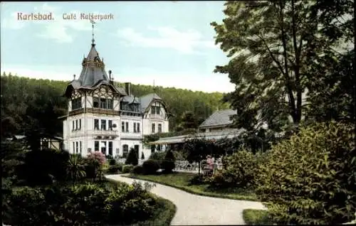 Ak Karlovy Vary Karlsbad Stadt, Blick zum Café Kaiserpark