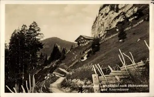 Ak Adelboden Kanton Bern Schweiz, Landschaftsaufnahme, Wanderweg, Berghaus, Wäldern, steile Klipp