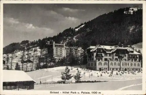 Ak Gstaad Saanen Kanton Bern, Hôtel Park u. Palace, Schneelandschaft, Bergkulisse, gute Sicht