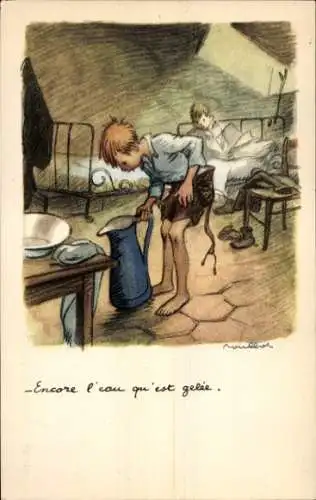 Künstler Ak Poulbot, Francisque, Jungen, gefrorenes Wasser im Krug, Ligue Nationale contre le Taudis