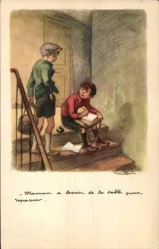Künstler Ak Poulbot, Francisque, Zwei Jungen, Schulranzen, Treppen