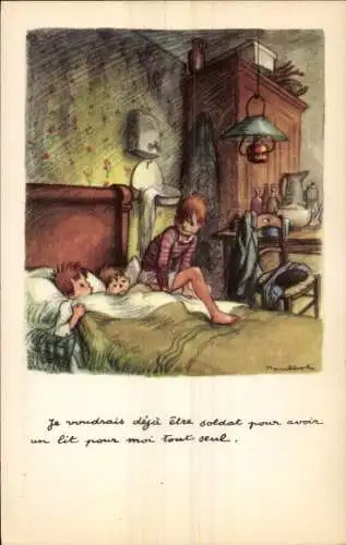Künstler Ak Poulbot, Kinder im Bett, Vor dem Schlafengehen