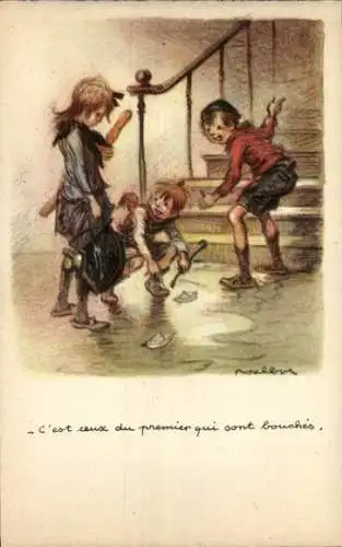 Künstler Ak Poulbot, Francisque, Kinder mit Papierbooten, Ligue nationale contre taudis