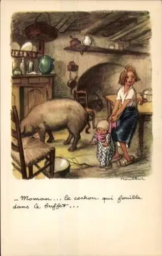 Künstler Ak Poulbot, Francisque, Kinder und Schwein in einer Küche