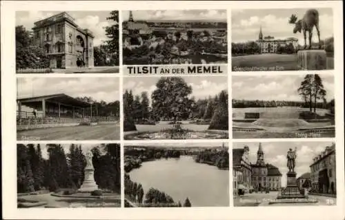 Ak Sowjetsk Tilsit Ostpreußen, Historische Gebäude, Stadion, Grenzlandtheater, Thing-Platz, Denkm