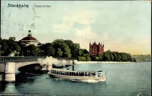 Ak Stockholm Schweden,  Skeppsholmen, Brücke, Boot, Gebäude, Bäume