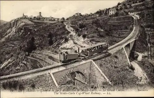 Ak Monte Carlo Monaco, Monte-Carlo Cog-Wheel Railway, Zug auf Brücke, Landschaft, Gebirge