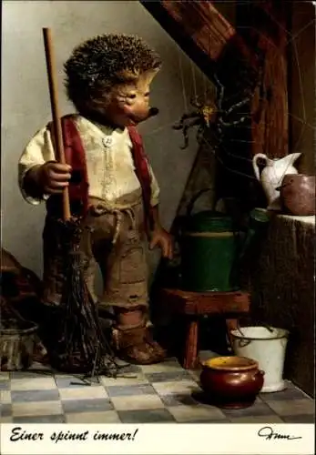 Ak Mecki der Igel, Besen, Spinne, Einer spinnt immer