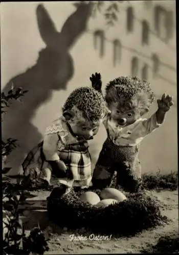 Ak Mecki der Igel, Glückwunsch Ostern, Igelkinder finden ein Nest mit Ostereiern