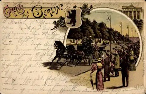 Litho Berlin Mitte, Unter den Linden, Der Kaiser kommt, Kutsche, Brandenburger Tor, Wappen