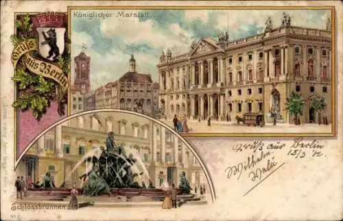 Litho Berlin Mitte, Königlicher Marstall, Schlossbrunnen, Wappen