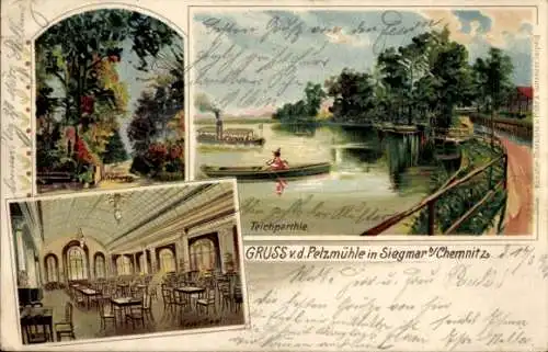 Litho Siegmar Chemnitz in Sachsen, Restaurant Pelzmühle, Neuer Saal, Waldweg, Teich