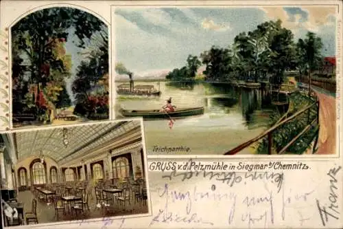 Litho Siegmar Chemnitz in Sachsen, Restaurant Pelzmühle, Neuer Saal, Waldweg, Teich