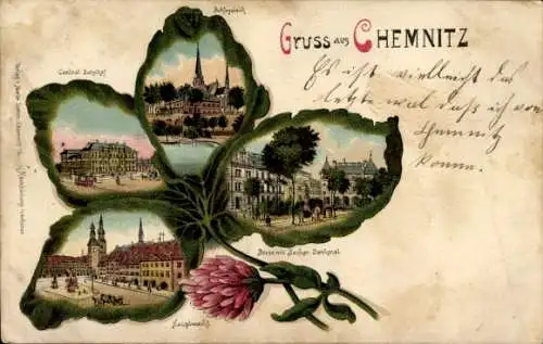 Kleeblatt Litho Chemnitz in Sachsen, Bahnhof, Hauptmarkt, Börse mit Becker-Denkmal, Schlossteich