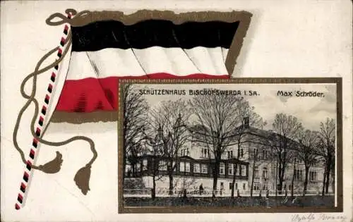 Passepartout Ak Bischofswerda in Sachsen, Schützenhaus, Max Schröder, Fahne