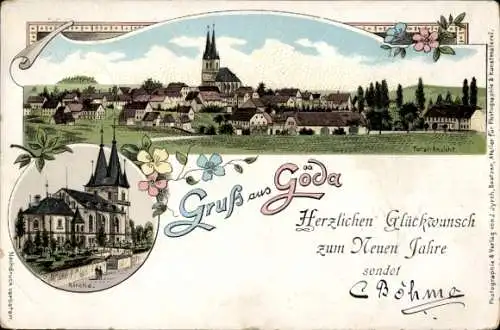 Litho Göda in der Oberlausitz, Gesamtansicht, Kirche, Glückwunsch Neujahr