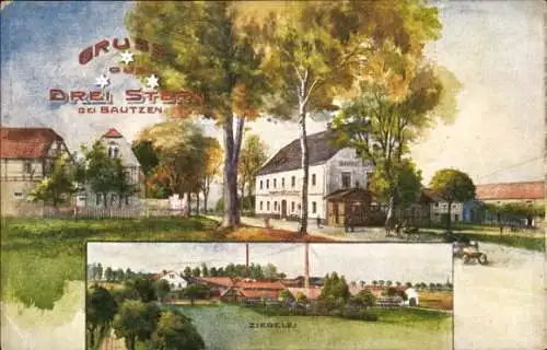 Künstler Ak Dreistern Kleinförstchen Göda in der Oberlausitz, Ziegelei, Gasthof Drei Stern