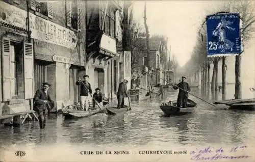 Ak Courbevoie Hauts de Seine, Hochwasser 1910, Geschäfte, Boote